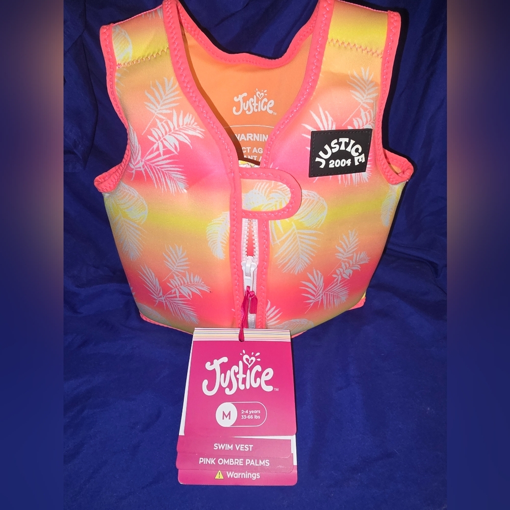 Kid Justice Swim Life Jacket Vest Life Preserver Ombre Yellow Pink Palm TreesNWT